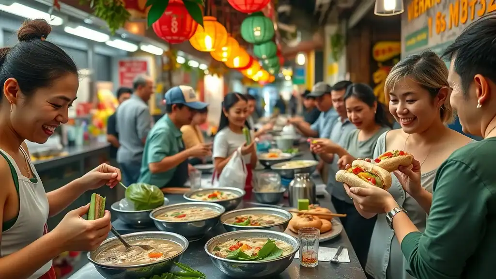 Appetizing Vietnamese street food scene with vendors, happy customers, savory bowls of pho and banh mi at a bustling market. Discover Vietnam’s top street foods.