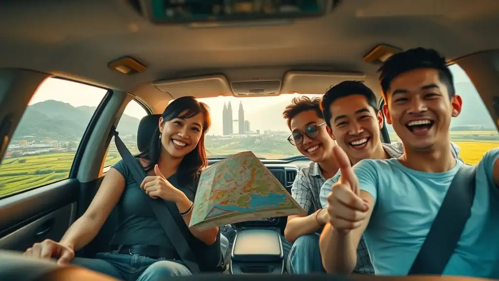 Dynamic scene of happy travelers on a malaysia travel itinerary road trip, with Petronas Towers, tea plantations, Penang street art, and blue beaches visible from car windows.
