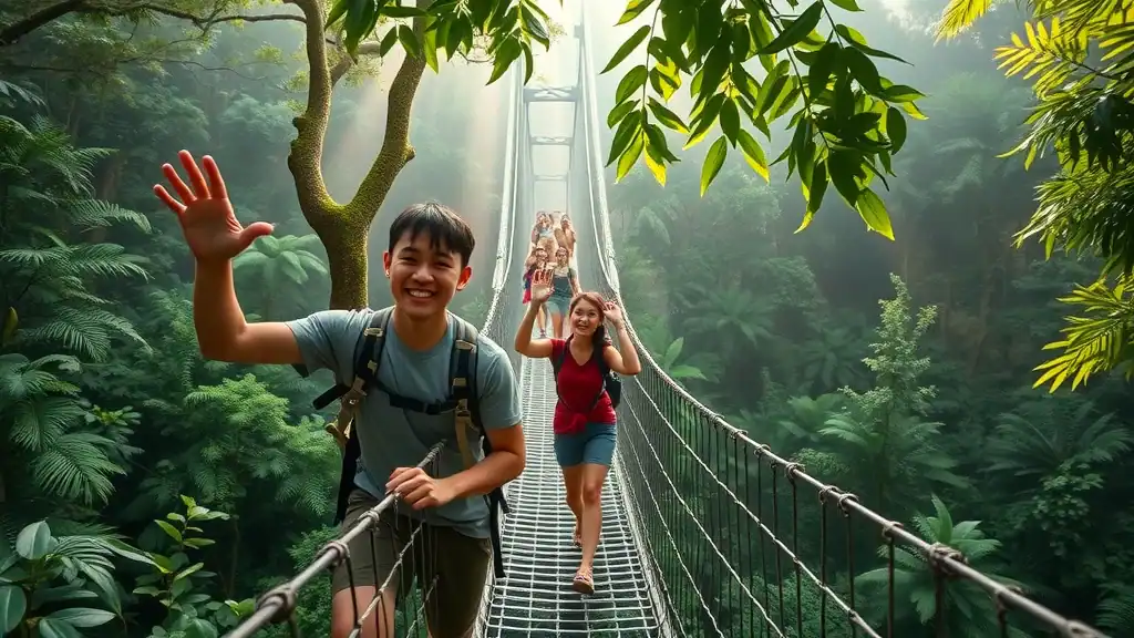 Hikers trekking across Taman Negara national park canopy bridge, a Malaysia travel itinerary adventure