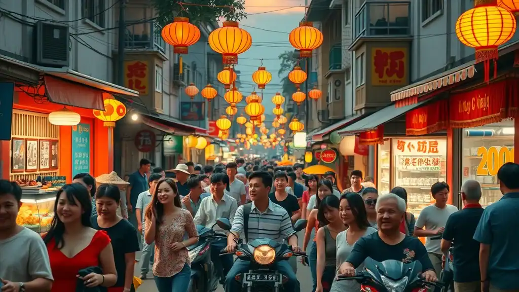 Vibrant bustling Vietnamese street scene with people smiling, lantern-lit shops, and street food stalls in a photorealistic old town. Experience the energy and color as you discover Vietnam.