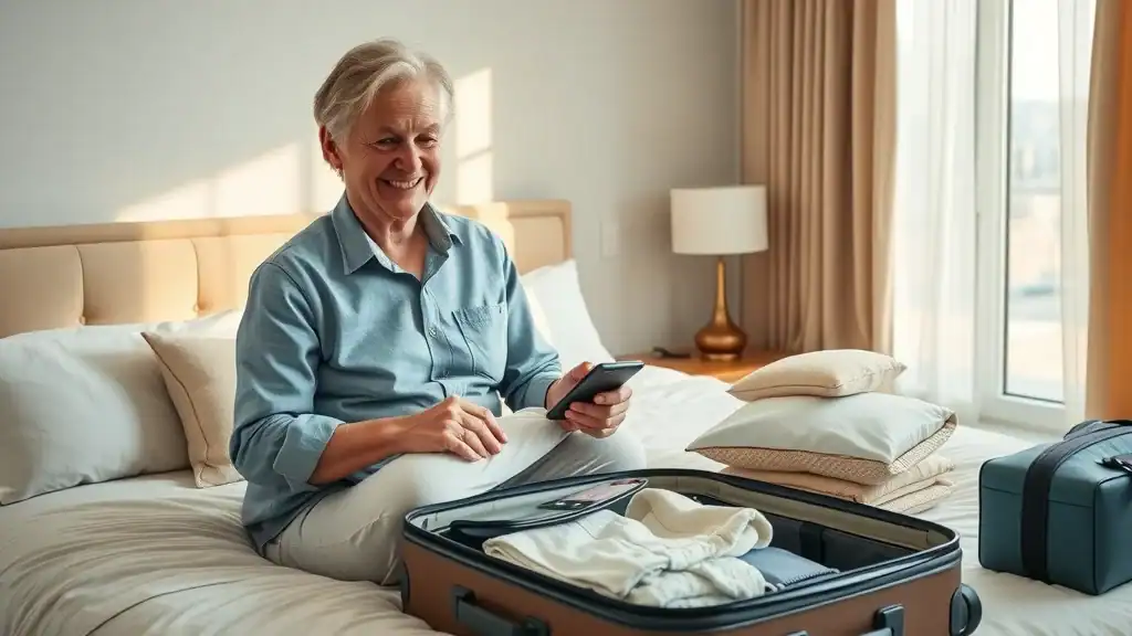 Mature traveler packing essentials for a long-haul cheap flight to Southeast Asia, preparing luggage in a cozy, naturally lit bedroom.