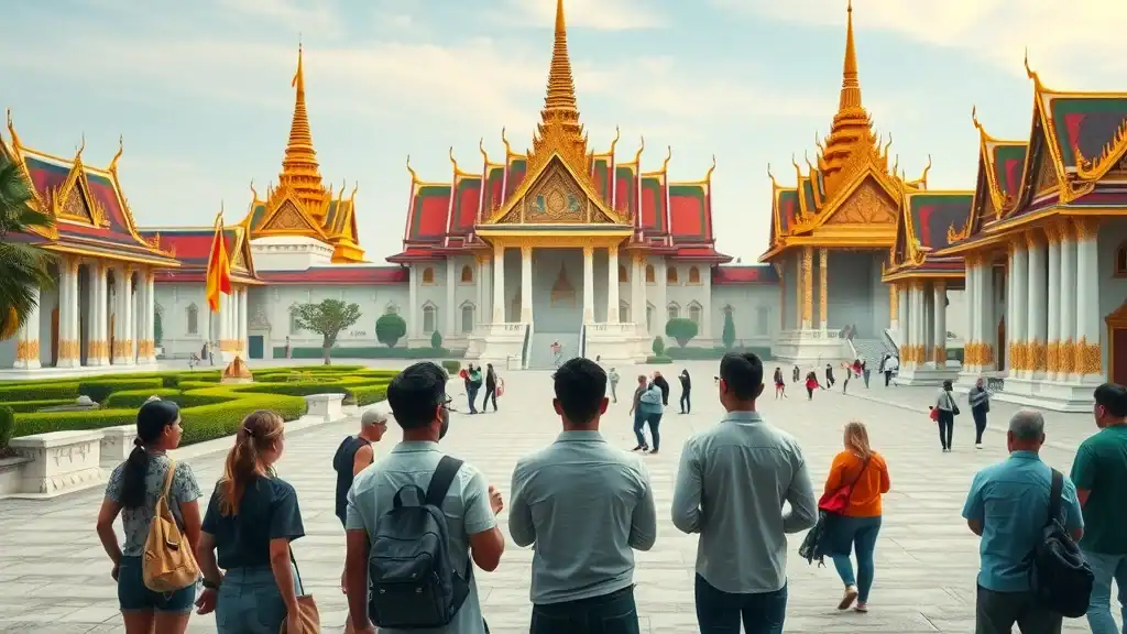 Majestic Grand Palace and Wat Phra Kaew exterior, tourists and locals admiring temple rooftops, grand palace bangkok temples