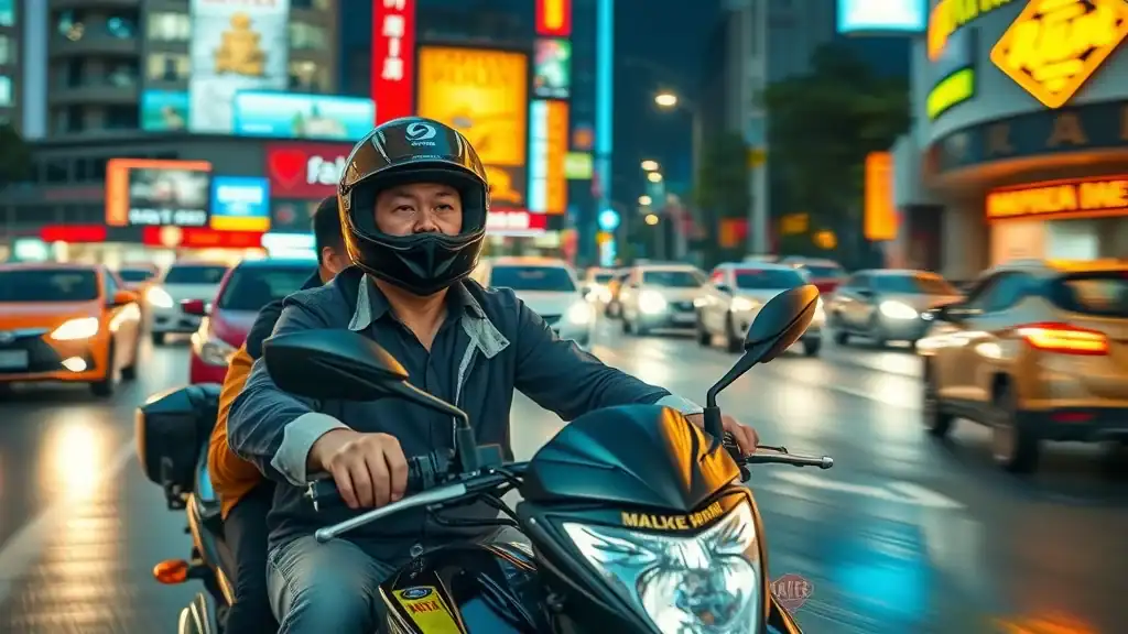 Motorcycle taxi weaving through Bangkok traffic at night, symbolizing Thailand transportation options