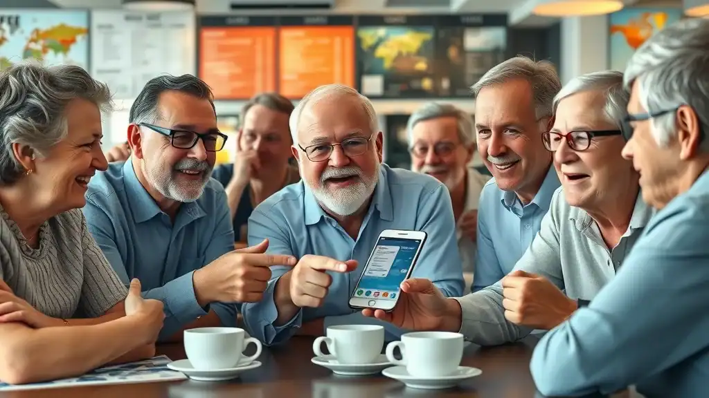 Diverse group of mature travelers (50+) excitedly searching for cheap flights Southeast Asia on a mobile device in a cozy cafe, surrounded by maps and coffee.