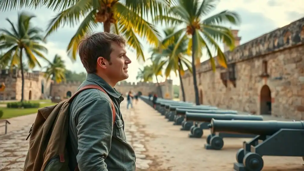 Historic Fort Cornwallis exterior—traveler examining cannons, thick ramparts, beneath palms and heritage signs, warm weathered stone and sandy neutrals under late sun