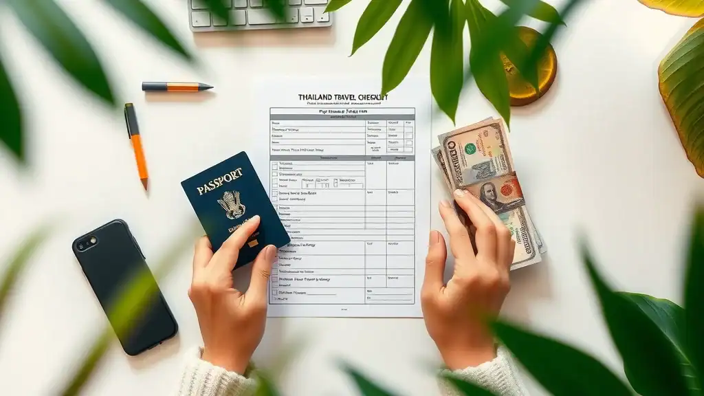 Organized Thailand travel checklist with passport, visa, vaccination, and currency ready for trip to Thailand