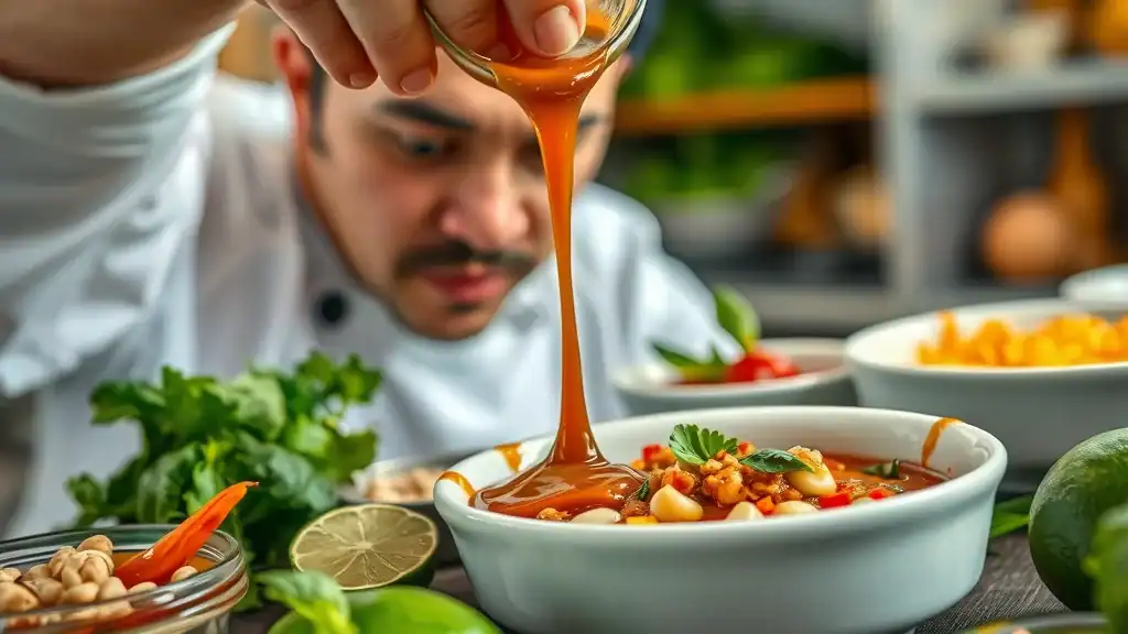 Close-up of Thai flavors being created: chef arranging sauces, fresh herbs, limes, chilis, peanuts, and tamarind - thailand local cuisine