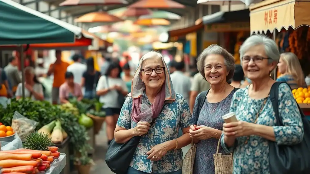 Welcoming Southeast Asian market scene with relaxed older travelers engaging with local vendors, vibrant street market, southeast asia cultural etiquette