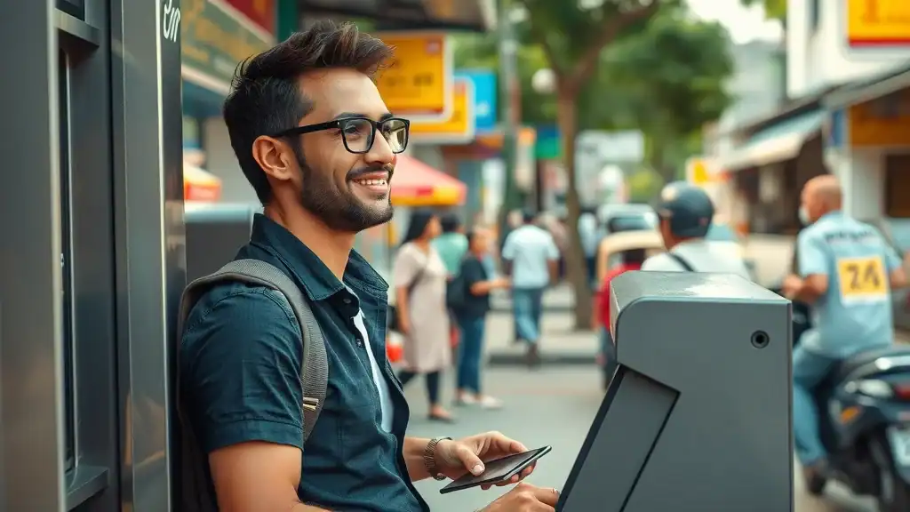 Modern traveler at ATM in Thailand urban scene. Budgeting and travel tips for travelers.