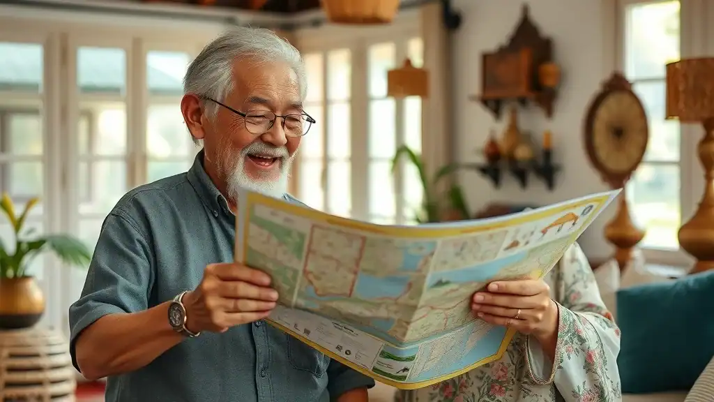 Inspired senior traveler planning a journey with local Indonesian expert — Indonesia adventure travel