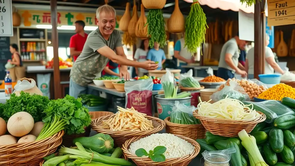 Local Thai market produce stall with baskets of fresh produce, coconut, and rice noodles, key to Thai cuisine