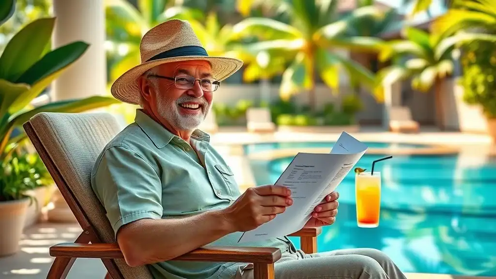Happy senior traveler at tropical resort, relaxed, reading travel documents — visa requirements for retirees over 50