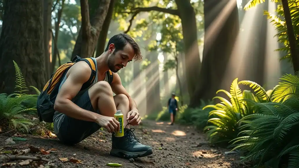 Packing for Thailand’s national parks: traveler lacing hiking boots, insect repellent, day bag, among lush forest trail with sunlight and ferns