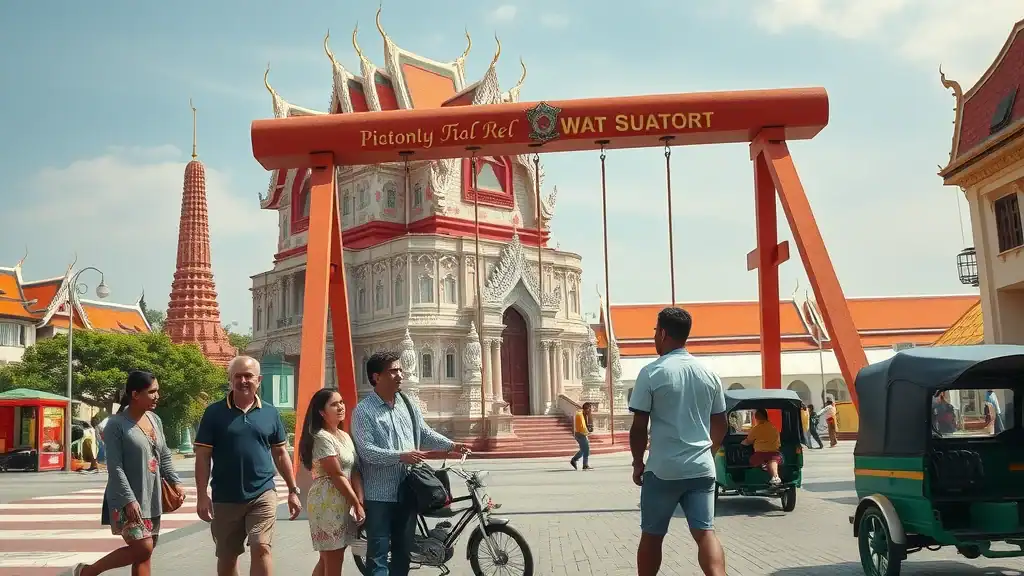 Iconic Giant Swing and Wat Suthat facade with families and locals, vibrant street scene — wat suthat giant swing temples in bangkok