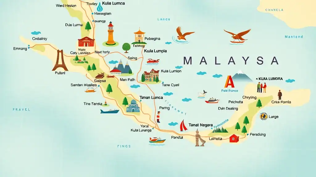 Travel map of Malaysia for 7 days itinerary with major cities and landmarks