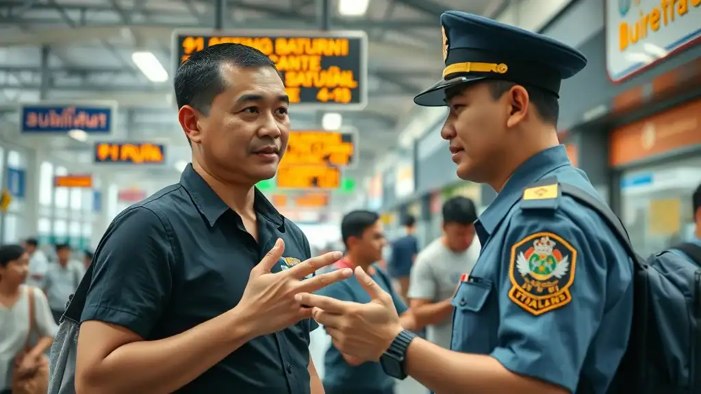Transportation safety guide in Thai bus terminal—local police advising tourists on Thailand transportation options