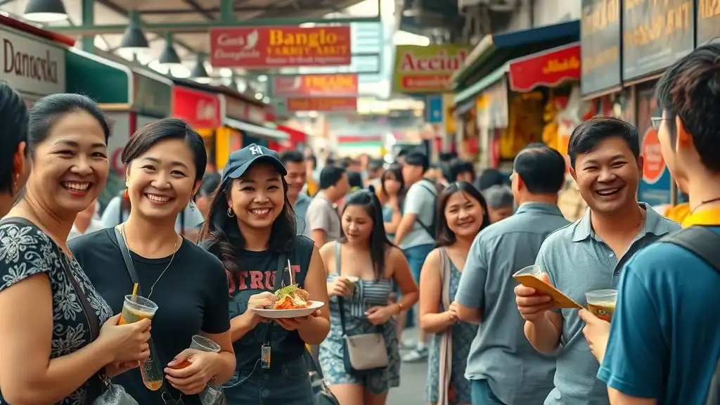 Vibrant street scene in Bangkok with smiling faces at a busy local market, showcasing best time to visit Thailand