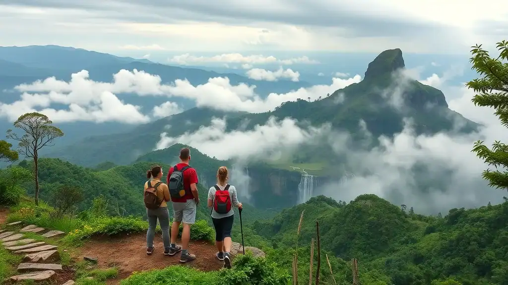 Scenic Doi Inthanon summit, hikers admiring panoramic mountain views and waterfalls, Thailand must-see attractions