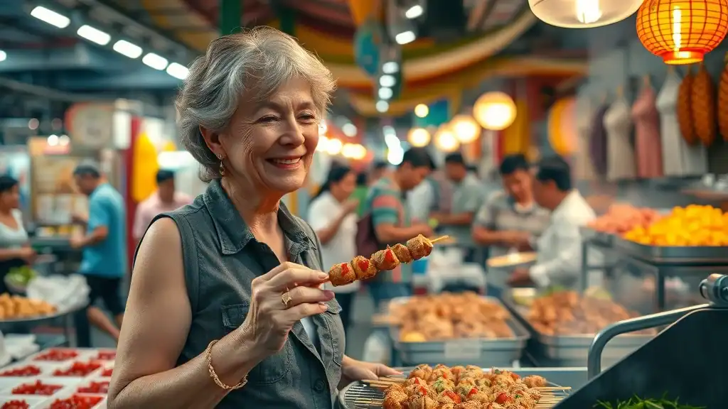 Lively Bangkok street market mature traveler enjoying street food for budget travel southeast asia
