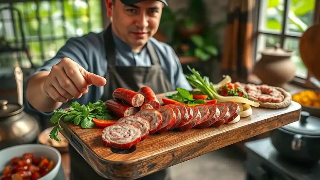 Authentic Northern Thai sausage platter, sai ua with vibrant herbs and rustic kitchen background - northern thai hidden gems