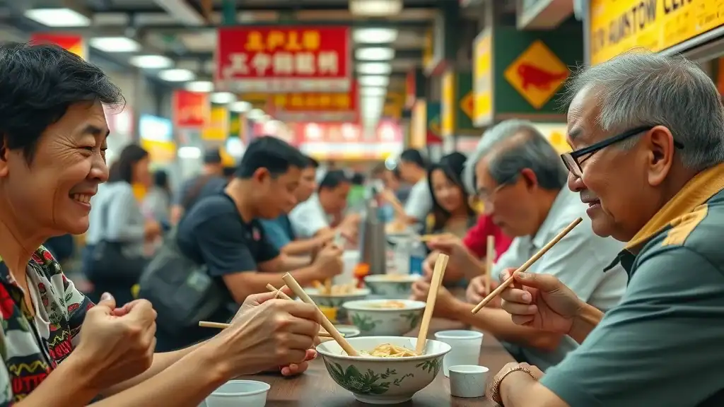 Authentic Singapore hawker center bustling with diners, including seniors, enjoying local dishes – the heart of budget-friendly singapore travel tips