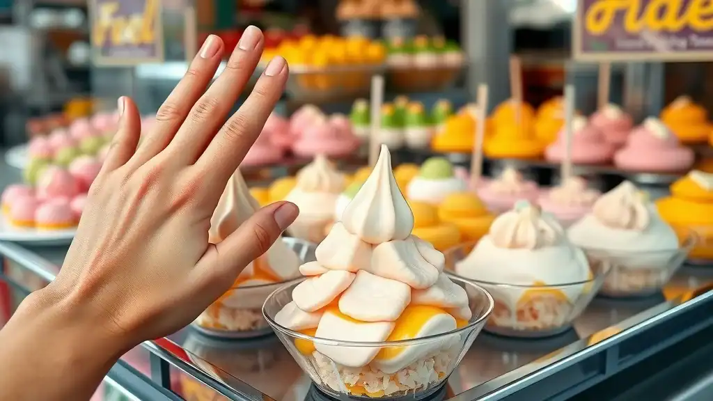 Tempting Thai dessert display with mango sticky rice, kanom buang, luk chup on tray at street dessert vendor - traditional thai desserts
