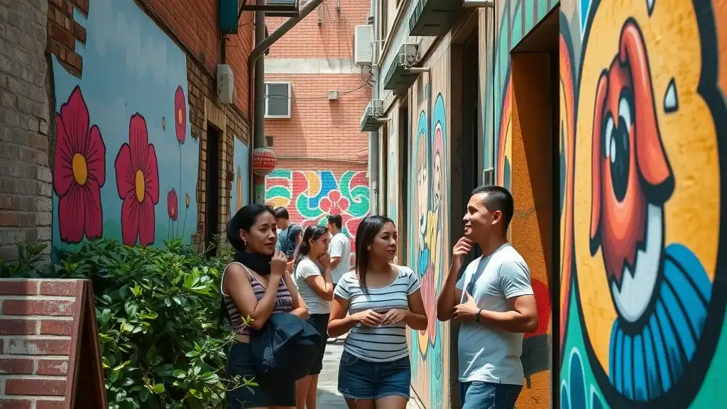 Creative street art in Penang, visitors exploring colorful murals in narrow alleys with aged brick walls, flowering plants, and dynamic painting.