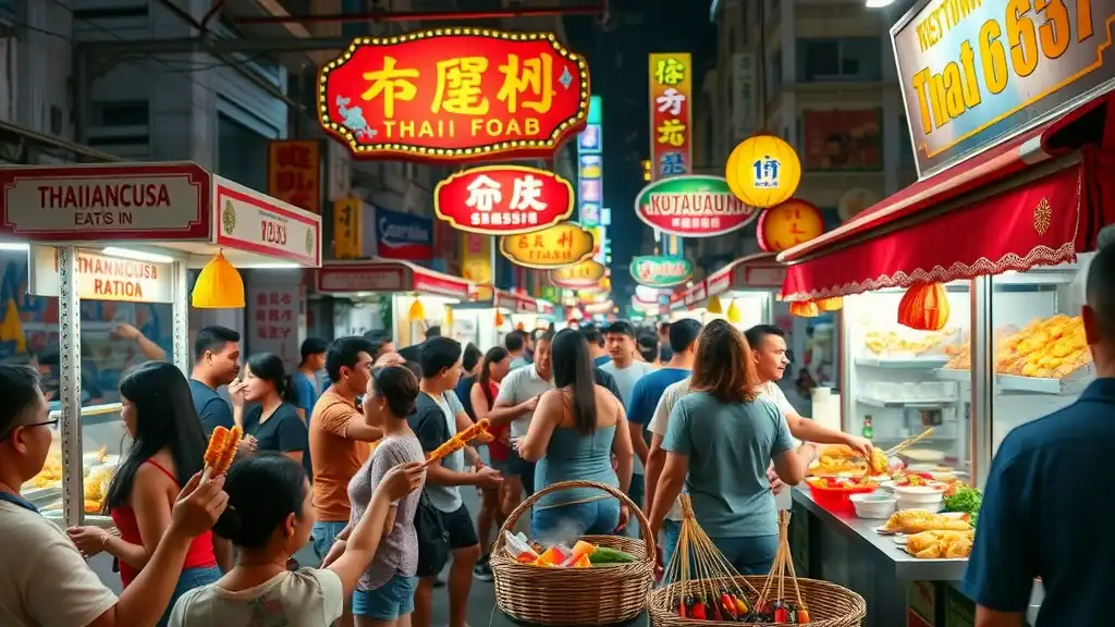 Colorful Thai street food carts on a lively urban street, highlighting authentic Thai street food