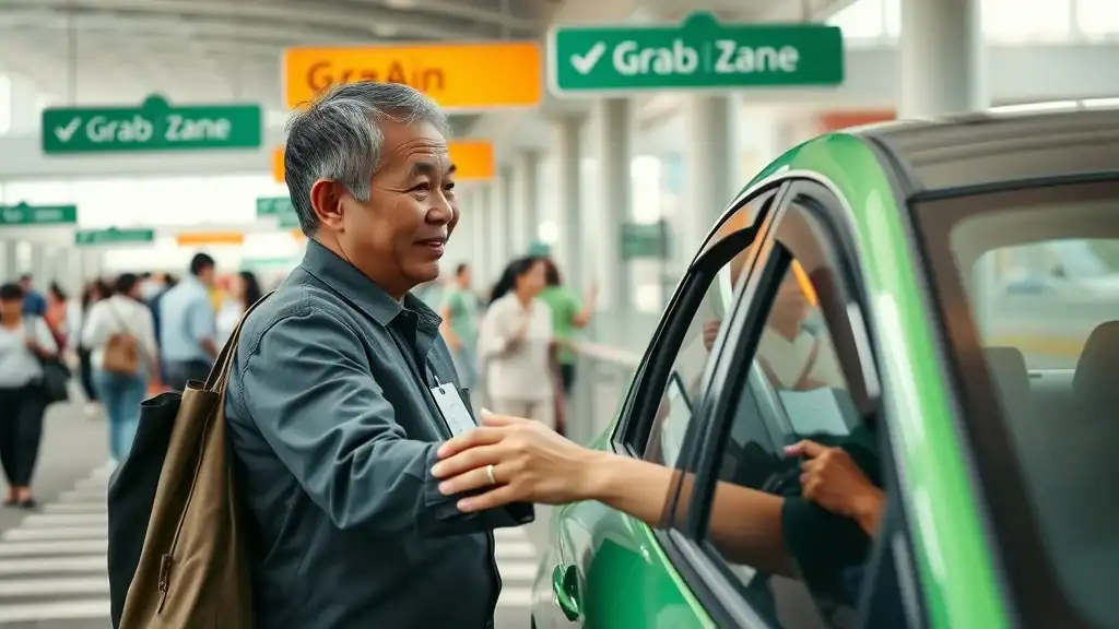 Cheerful senior traveler booking ticket online from sunlit hotel lounge—saving money using southeast asia transportation options