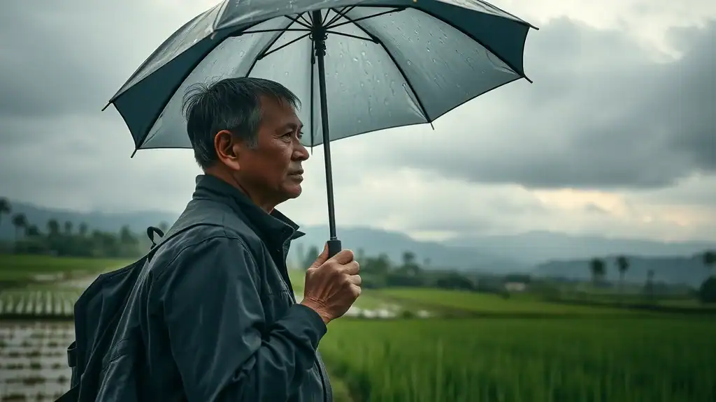 Traveler with umbrella in lush rainy landscape - contemplative mature solo traveler in monsoon-country rice paddies during Southeast Asia's wet season
