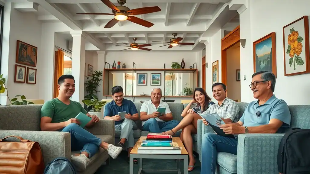 Inviting hostel lobby with international mature travelers relaxing and chatting, airy modern Southeast Asian hostel interior adorned with local art, ambient lighting, calm blues, greens, and wood neutrals.