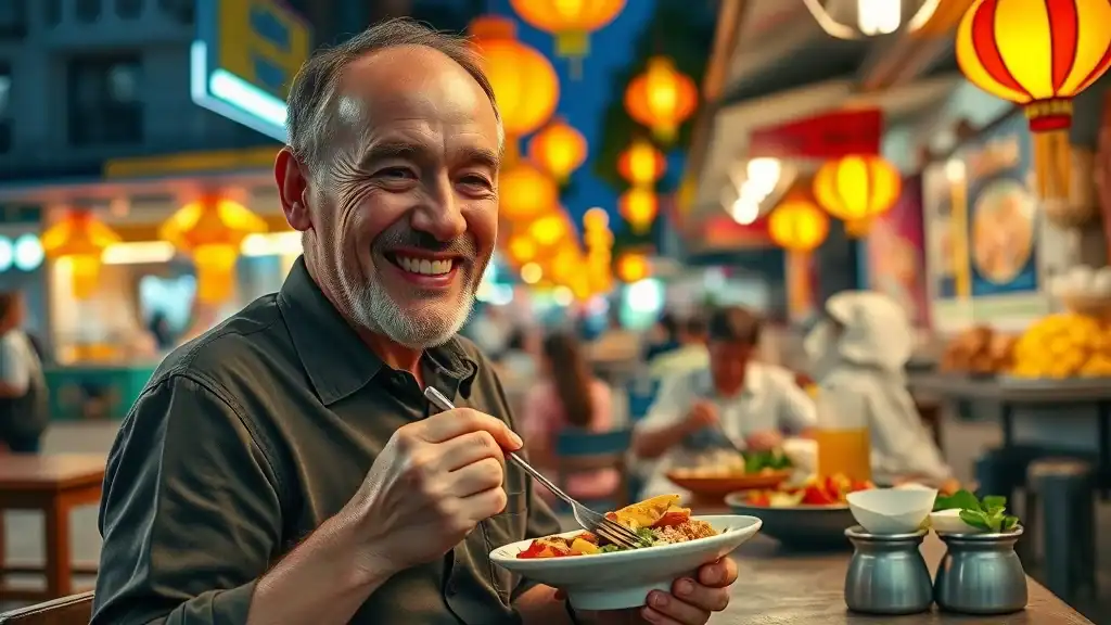 Happy mature traveler enjoys vibrant Southeast Asian street food, southeast asia travel tips, outdoor food stall, colorful cuisine