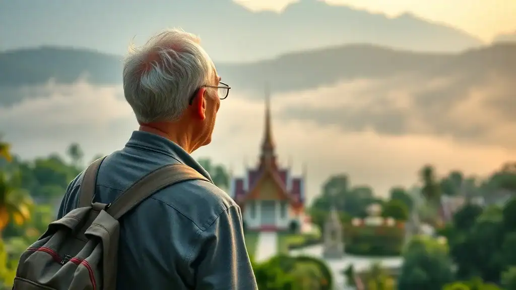 Older traveler enjoying tranquil Chiang Mai temple in green season - southeast asia travel tips photorealistic