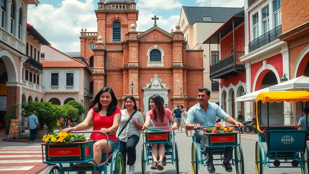 Charming colonial Melaka street—families exploring Dutch-era Christ Church beside trishaws and flower stalls, photorealistic red-brick square with vibrant street life under midday sun