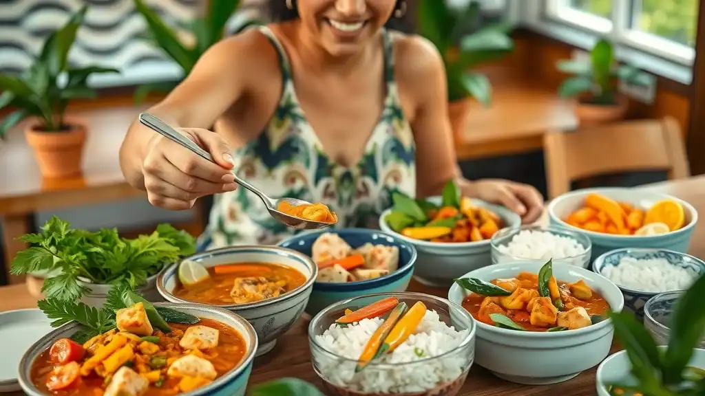 Lively vegetarian Thai dish assortment, colorful vegan curries, tofu stir-fries, and mango sticky rice, casual eatery setting - vegan thai cuisine