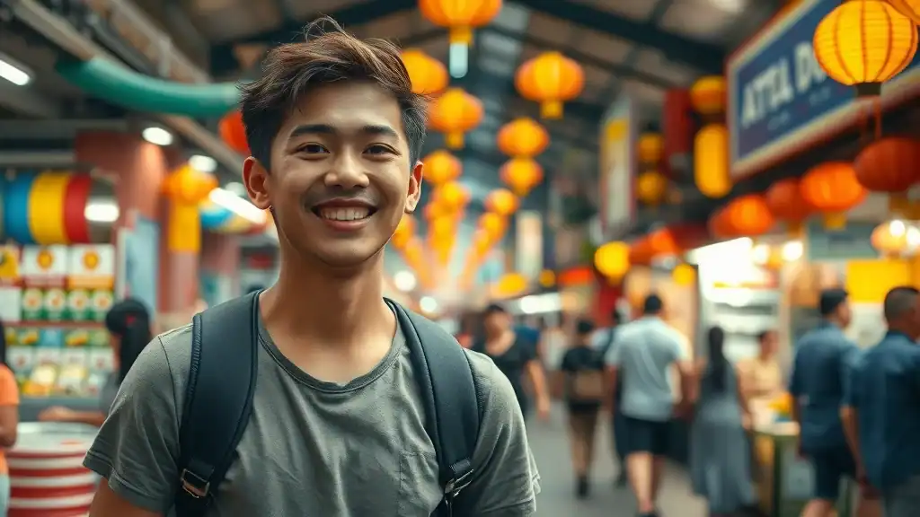 Vibrant Malaysian street scene with backpacker, colorful food stalls, and lively Petaling Street market in Kuala Lumpur demonstrating malaysia budget travel.