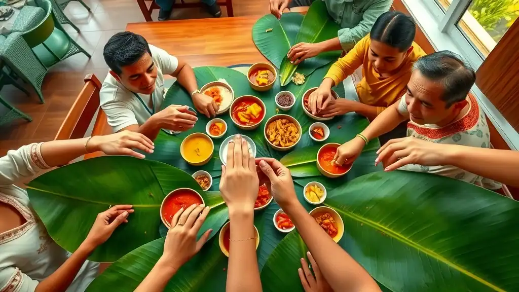 Group sharing Banana Leaf rice meal, Malaysia food and cuisine Indian-Malaysian traditions in action