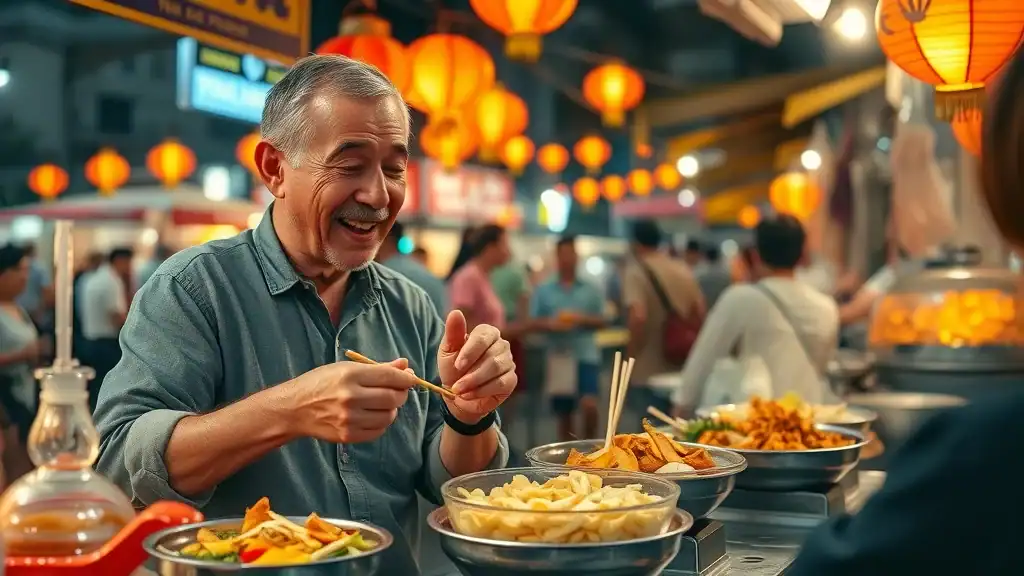 Thailand travel planning: Older traveler enjoying fresh Thai street food at a lively night market, safe and authentic local cuisine