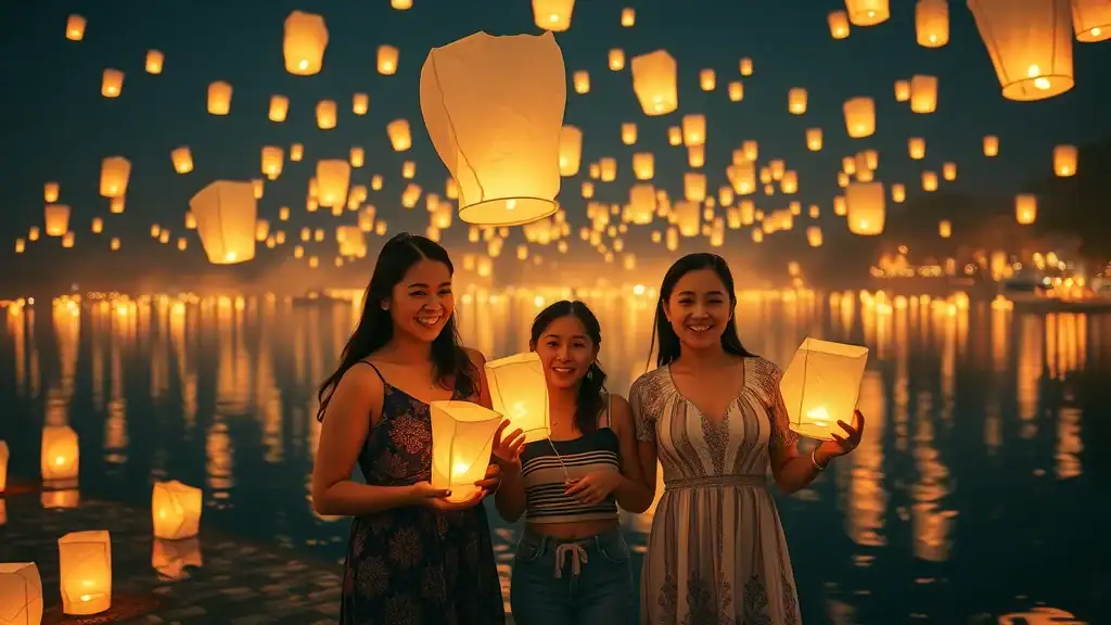 Magical Loy Krathong lantern festival with friends releasing lanterns by the river, demonstrating iconic Thai festival season