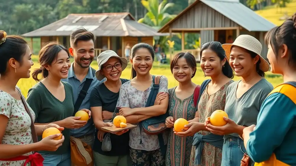 Happy travelers engaging with local villagers in rural Thailand, highlighting cultural experiences year-round