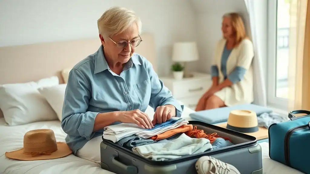 Organized senior traveler packing light for Southeast Asia, southeast asia travel tips, lightweight suitcase and essentials