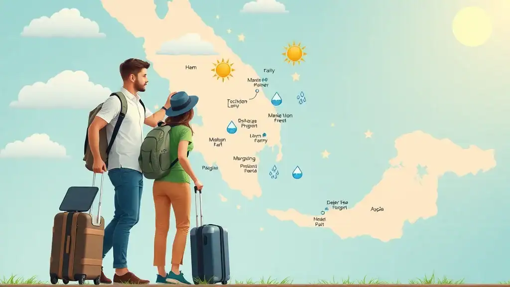 Malaysia travel weather infographic showing regions and best time to visit for 7 day itinerary