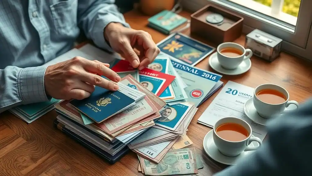 Organized travel documents and Southeast Asian visas, calm elderly hands sorting passports and visas, southeast asia visa requirements