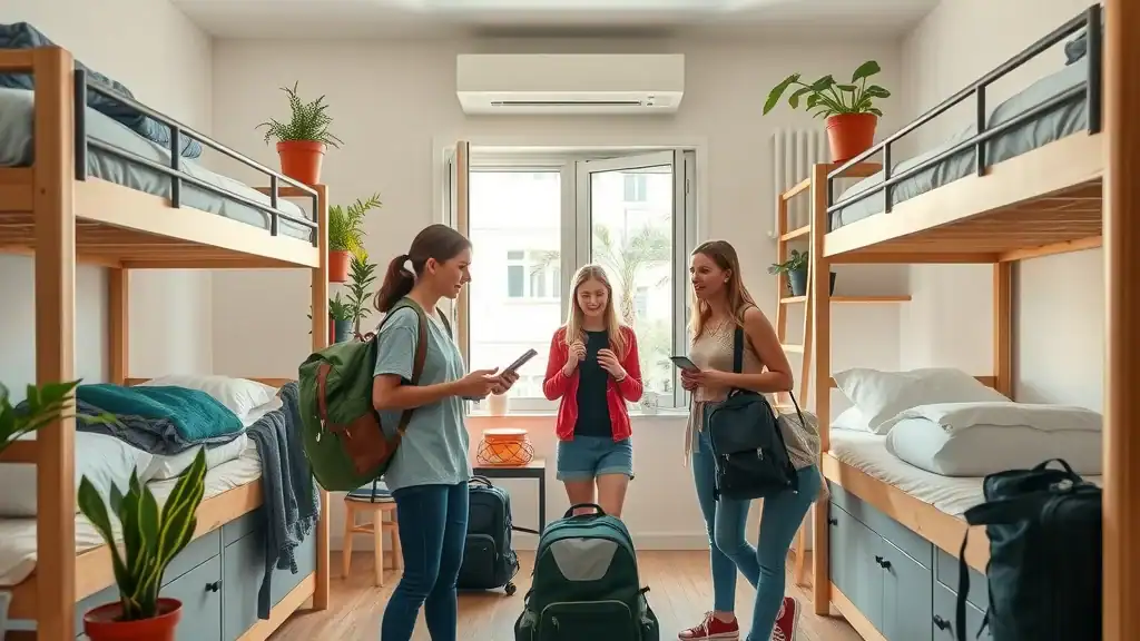 Shared hostel dorm in Thailand with friendly travelers organizing backpacks—budget stay