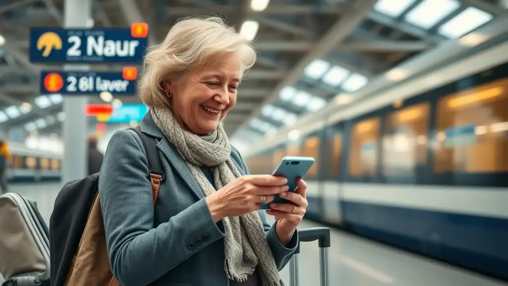 Comfortable elderly traveler using phone for travel app in modern train station; senior-friendly southeast asia transportation options