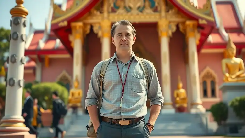 Traveler standing outside Thai temple in respectful dress code for cultural packing tips for Thailand