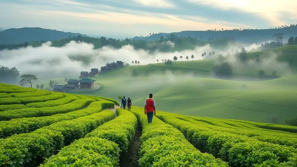Cameron Highlands tea plantation with travelers walking through lush green rows, misty hills, photorealistic deep green textures and early morning light