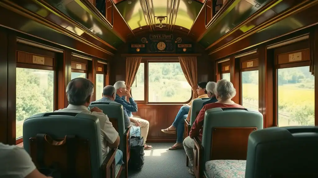 Cozy interior of a Thai train carriage with passengers and scenic countryside—Thailand transportation options by train