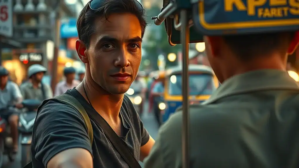 Cautious traveler alertly negotiating with tuk-tuk driver, avoiding common scams in southeast asia