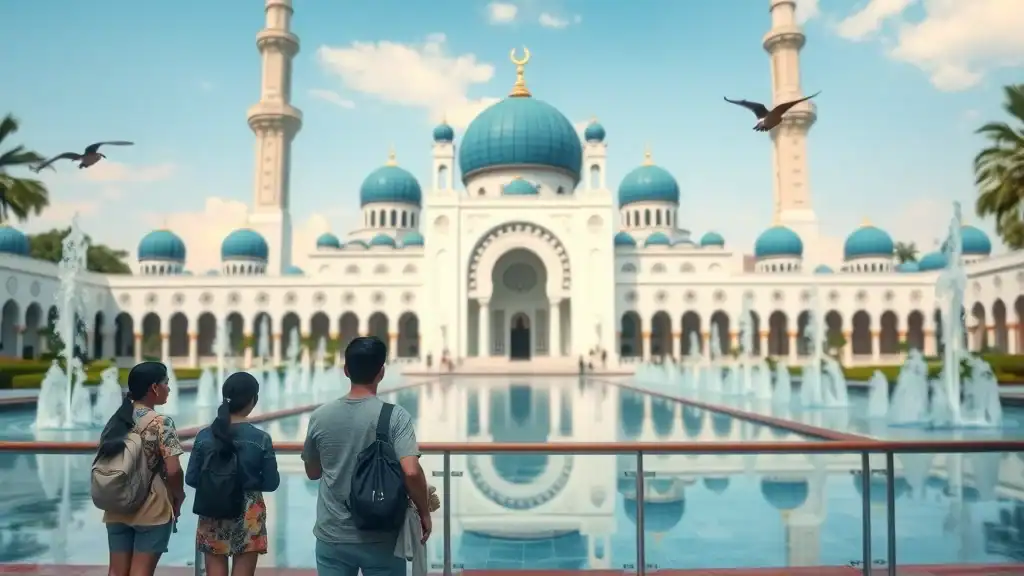 Elegant Masjid Negara, Malaysia’s National Mosque—family admiring blue roof, white minaret, surrounded by reflective gardens, fountains, and peaceful visitors under soft daylight